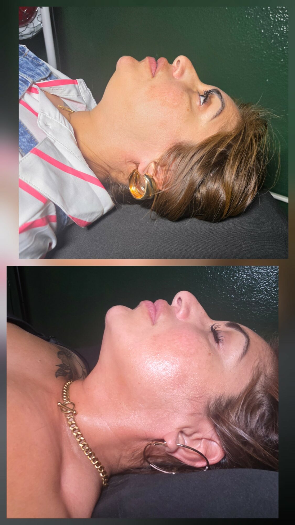 Two women lying on their sides, head resting on a surface, facing opposite directions, with dark backgrounds.