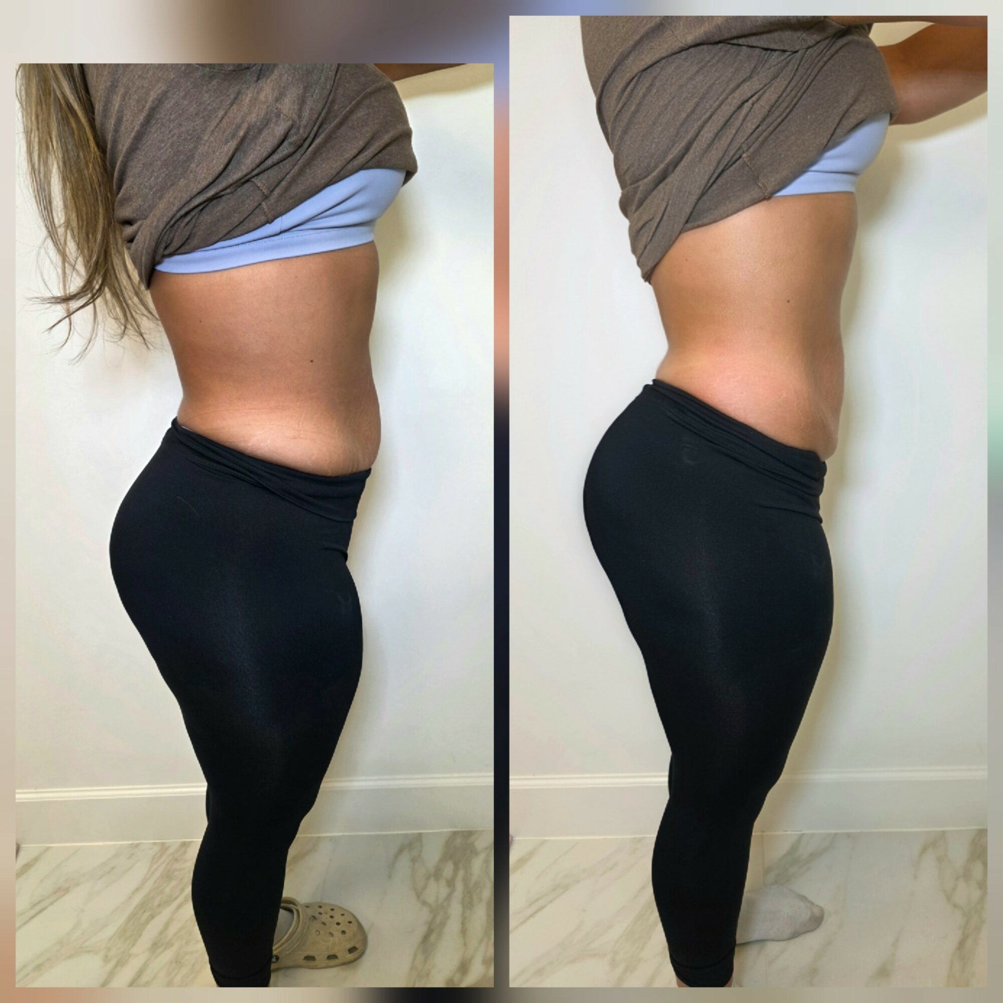Side view of a woman in workout clothes showing before and after body transformation, standing against a white wall.