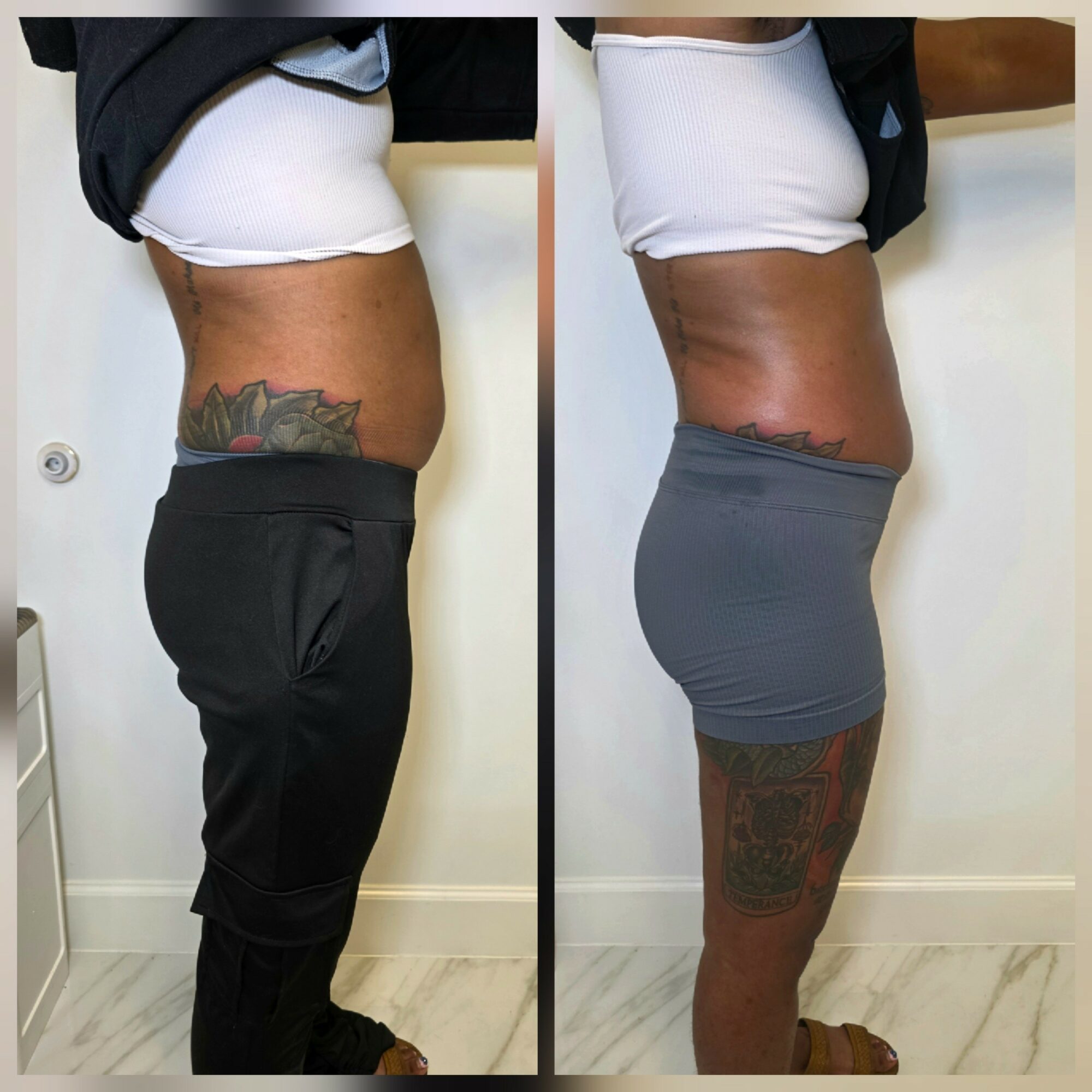 Side view of a person before and after fitness, showing changes in body shape and tattoos, wearing different shorts.