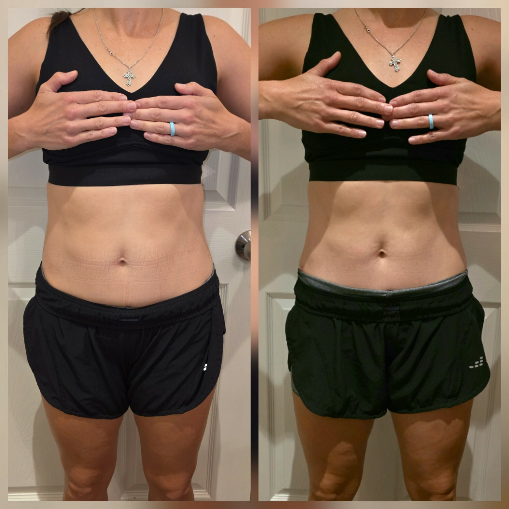 Side-by-side images of a woman in black sportswear showing her abdomen and hands, with hands on her chest, in front of a door.