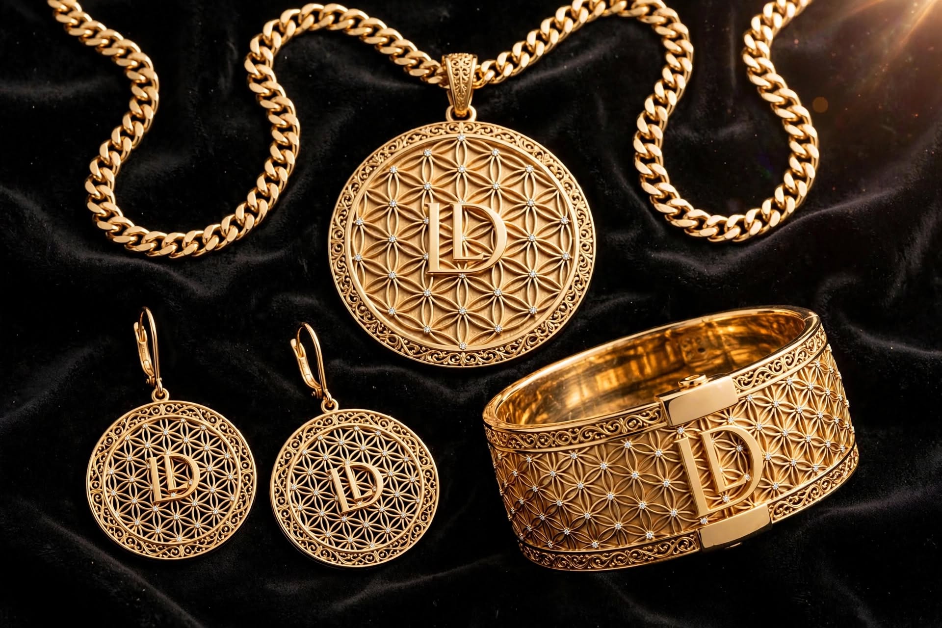 Gold jewelry set with a large pendant, earrings, and a bracelet, all featuring geometric patterns and the letter D, on black fabric.