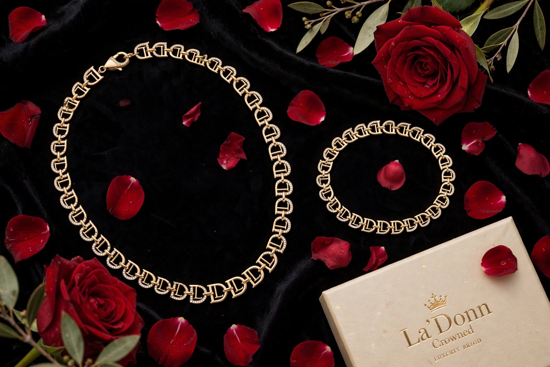 Jewelry display with necklaces and rings, surrounded by rose petals and roses on a black background.