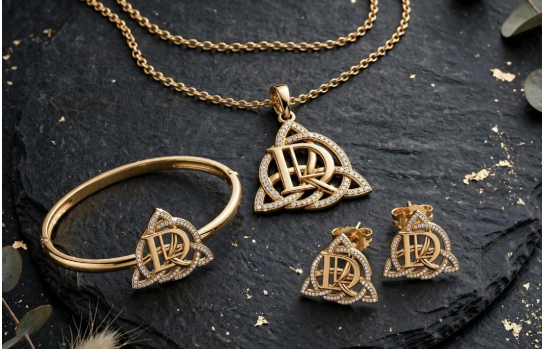 Gold jewelry set with a necklace, bracelet, and earrings featuring a geometric design, on a dark textured surface.