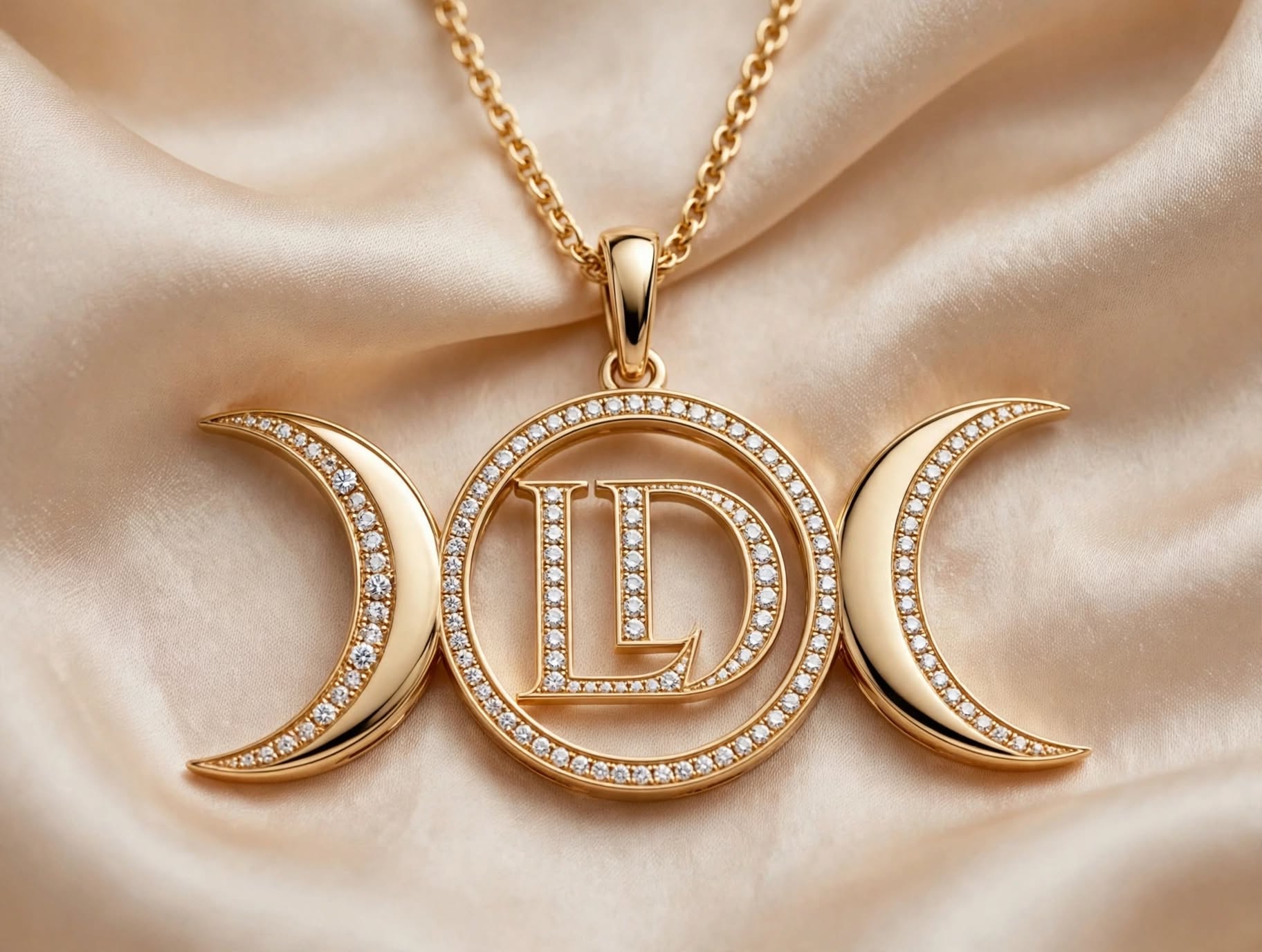 Gold necklace with a pendant featuring a circle with initials, flanked by two crescent moons, all adorned with small stones.