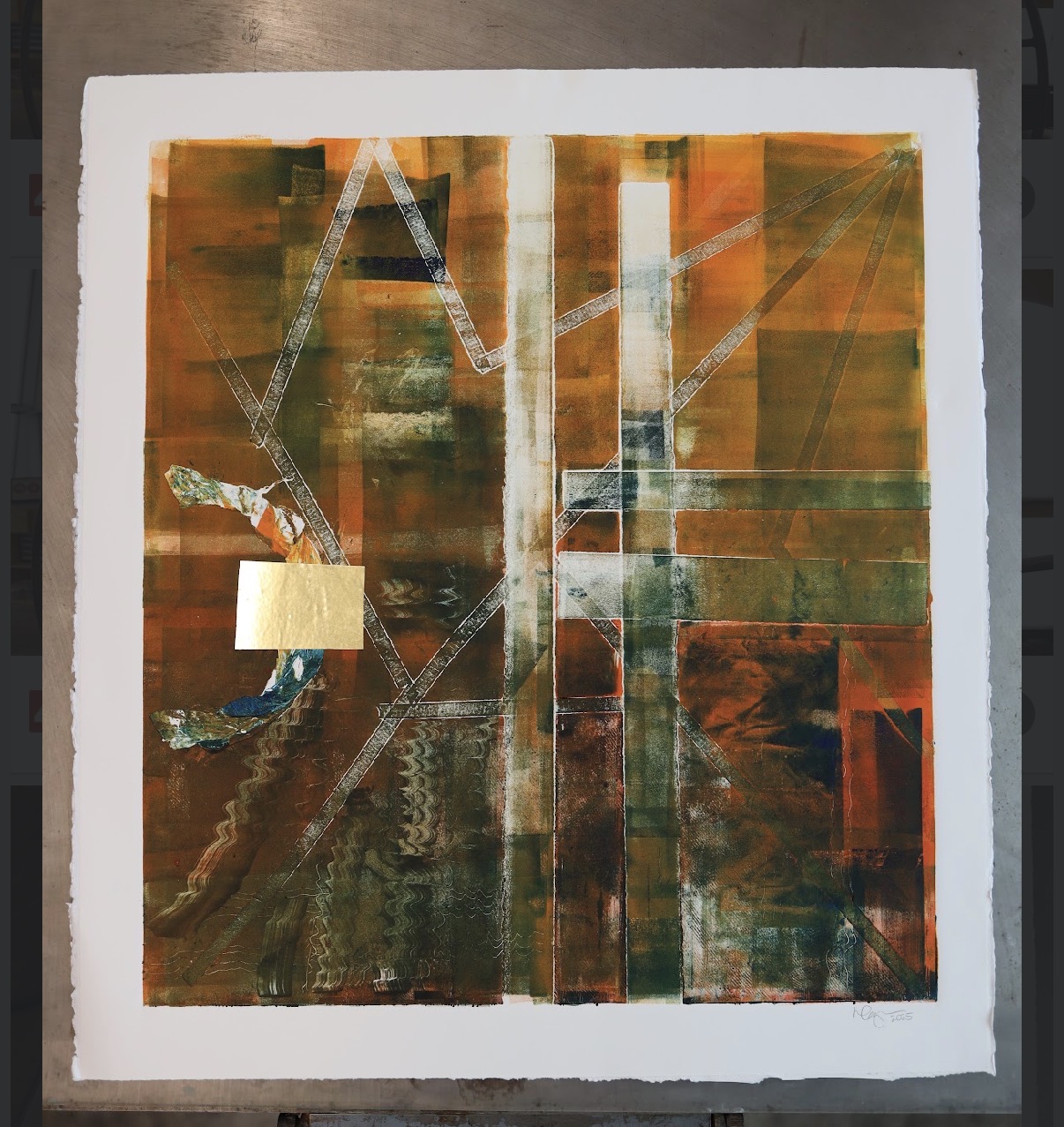 Abstract artwork with geometric shapes and layered textures in warm tones of orange, brown, and green, with some white and black accents.