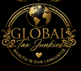 Gold globe above text 'GLOBAL Tax Junkies' with decorative elements and the phrase 'WEALTH IS OUR LANGUAGE' at the bottom.