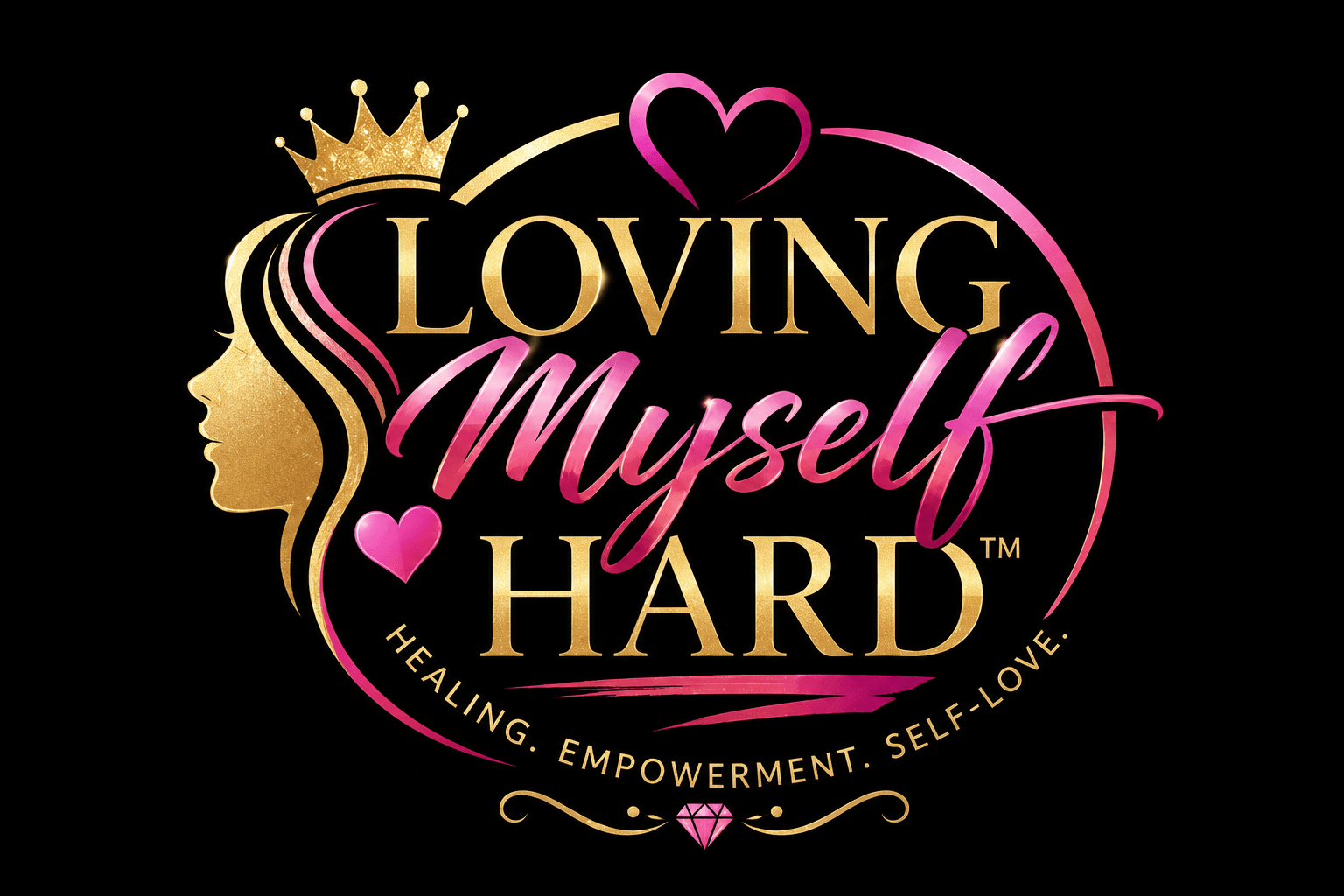 Text with a silhouette of a woman wearing a crown, surrounded by hearts and a pink heart-shaped line, promoting self-love.