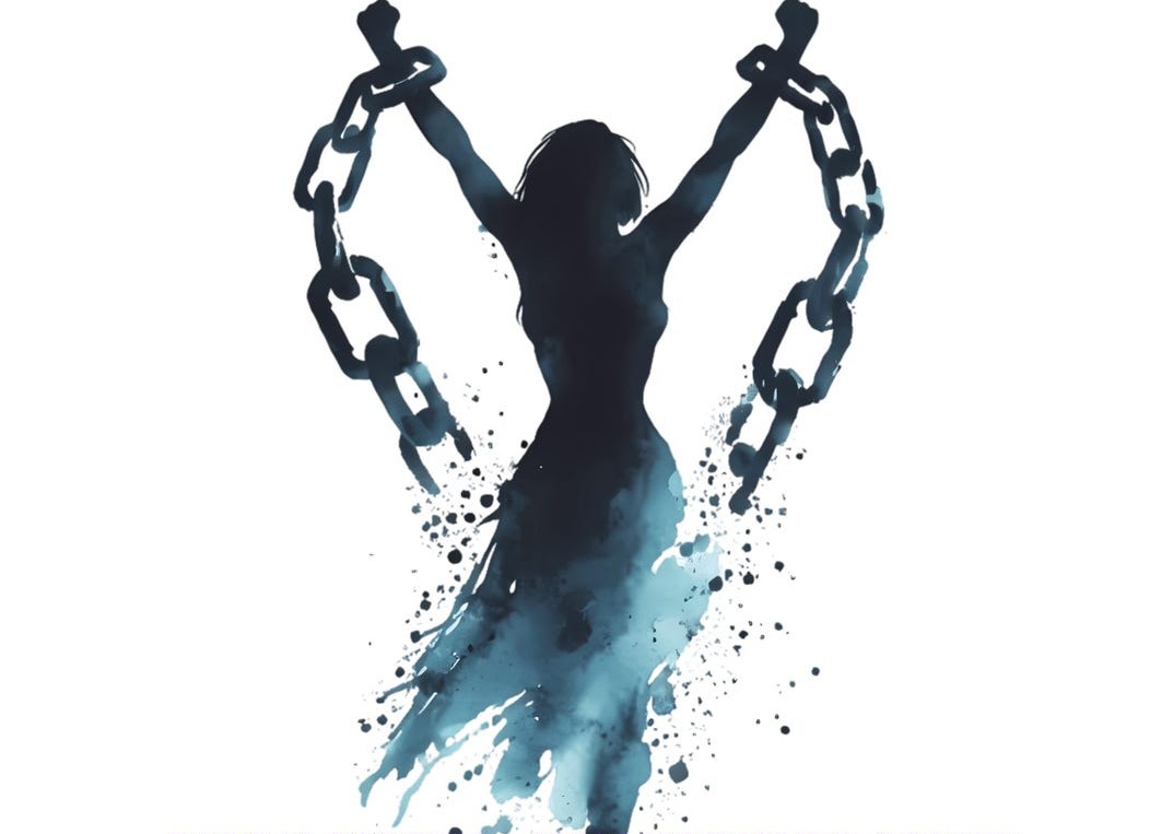 Silhouette of a person with arms raised holding broken chains, with a watercolor effect, on a white background.