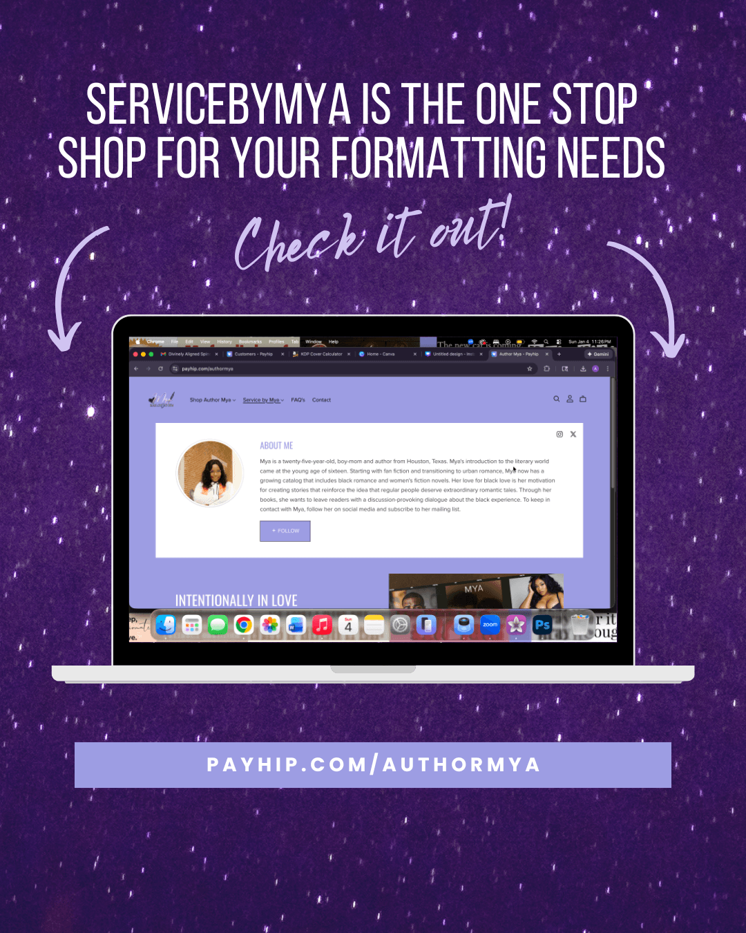 Computer screen displaying a website with a purple starry background, promotional text, and a URL. Worded text above and below the screen. Alt text word count: 37. Confidence: 0.9