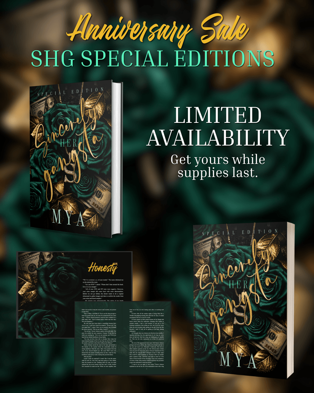 Book cover with gold and teal text, promotional message about limited availability, and a blurred background. Word count: 24.