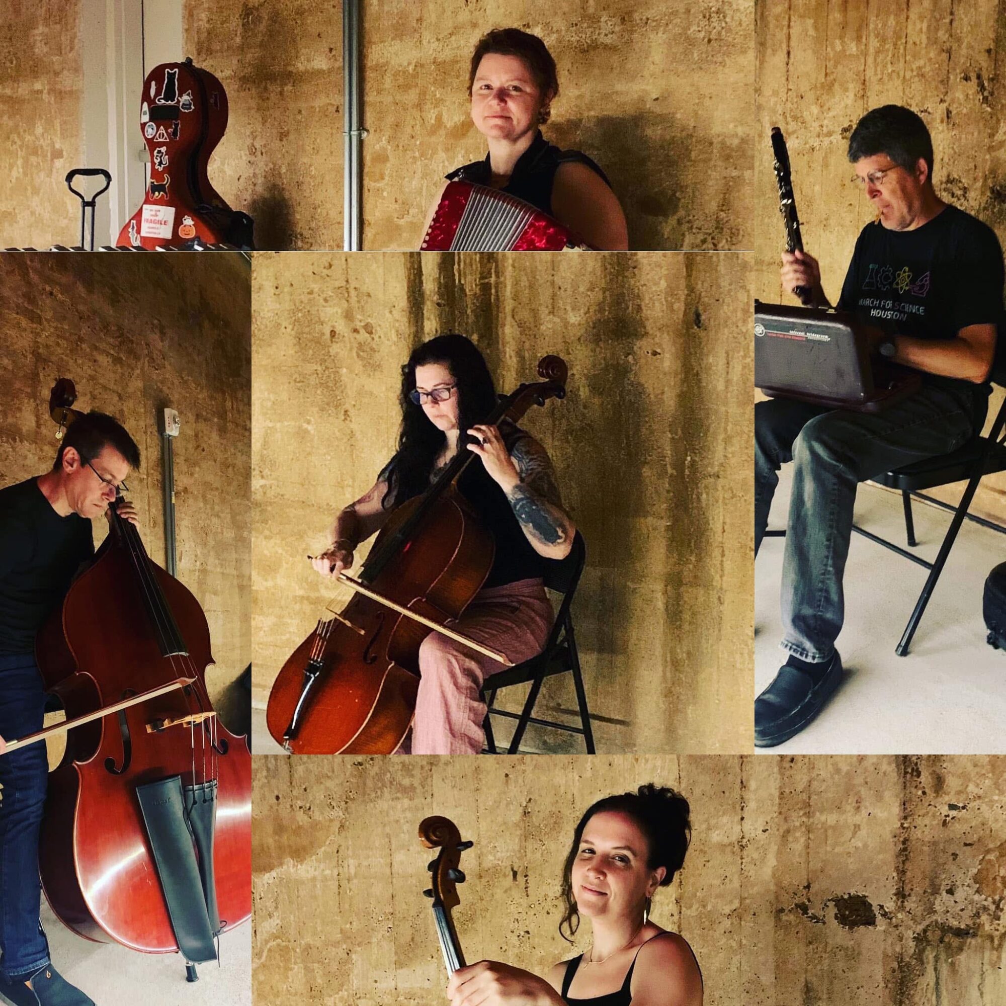 Group of four musicians with instruments against a textured wall, including a cello, accordion, and keyboard, with a woman in the center.