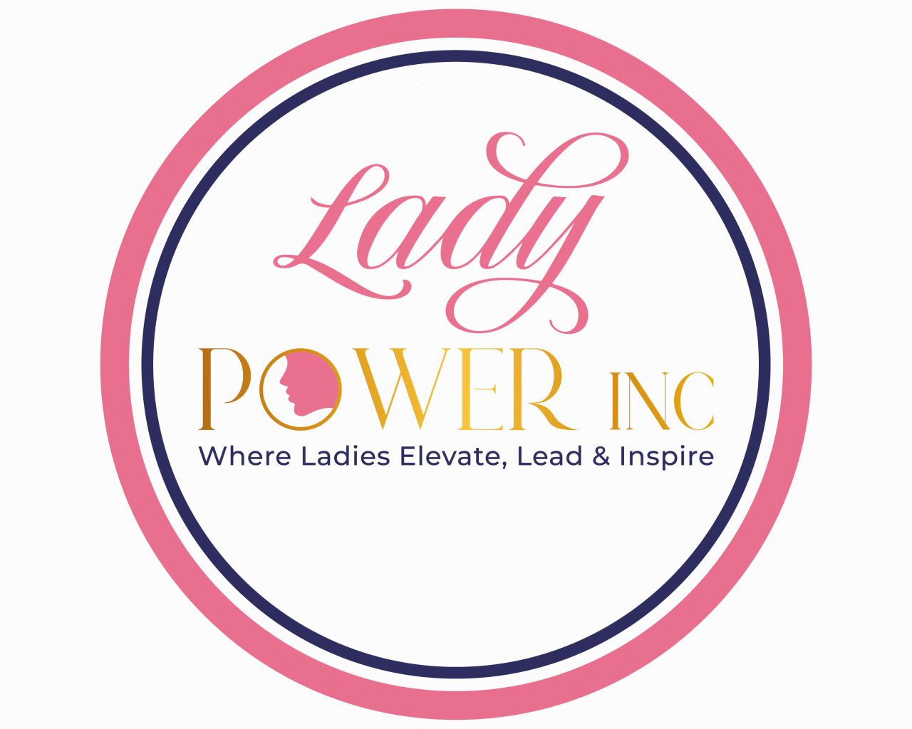 Logo with pink, navy, and gold text reading 'Lady Power Inc' and tagline below.