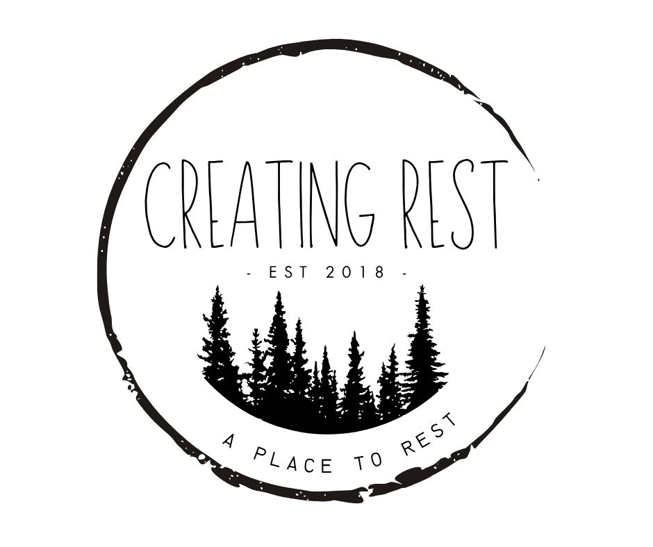 Circular logo with trees inside, text reads 'Creating Rest,' 'Est 2018,' and 'A Place to Rest.'