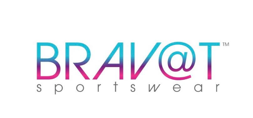 BRAVAT sportswear logo with colorful text and a stylized '@' symbol, on a white background.