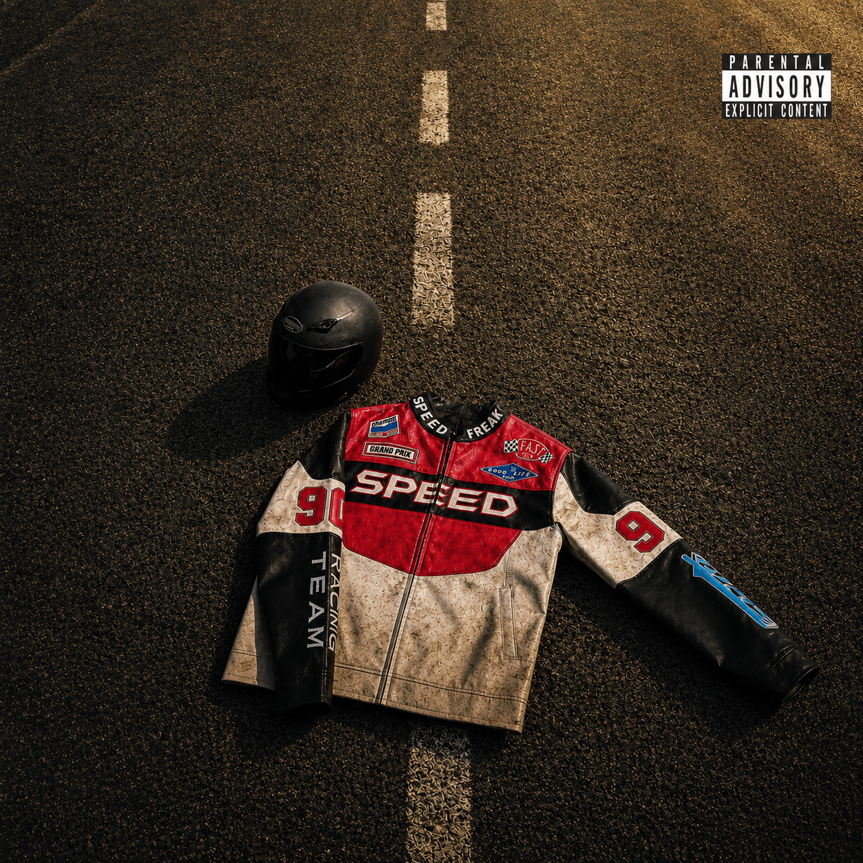 A racing jacket, helmet, and gloves are placed on a road with a dashed line, viewed from above.